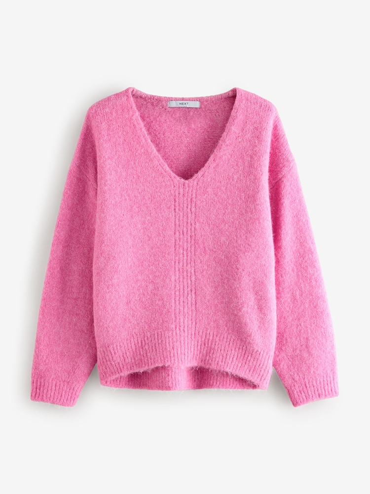 Buy Pink Bright Relaxed Fit Soft Touch V-Neck Knitted Jumper with