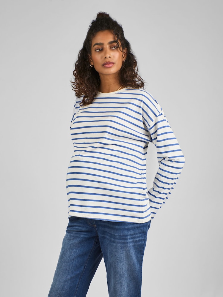 JoJo Maman Bébé Blue & Cream Stripe Long Sleeve Boyfriend Maternity T-Shirt - Image 1 of 5 JoJo Maman Bébé Blue & Cream Stripe Long Sleeve Boyfriend Maternity T-Shirt - Image 1 of 5