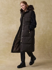 Chocolate Brown Waisted Gilet with Faux Fur Trim Hood - Image 1 of 8