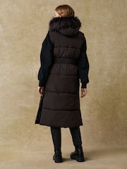 Chocolate Brown Waisted Gilet with Faux Fur Trim Hood - Image 2 of 8