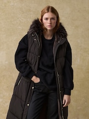 Chocolate Brown Waisted Gilet with Faux Fur Trim Hood - Image 3 of 8