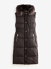 Chocolate Brown Waisted Gilet with Faux Fur Trim Hood - Image 5 of 8