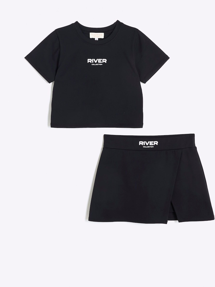 River Island Black Girls Active 100% Cotton T-Shirt And Skort Set - Image 2 of 5