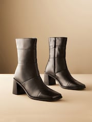 Black Leather Premium Square Toe Panel Heeled Boots - Image 1 of 6