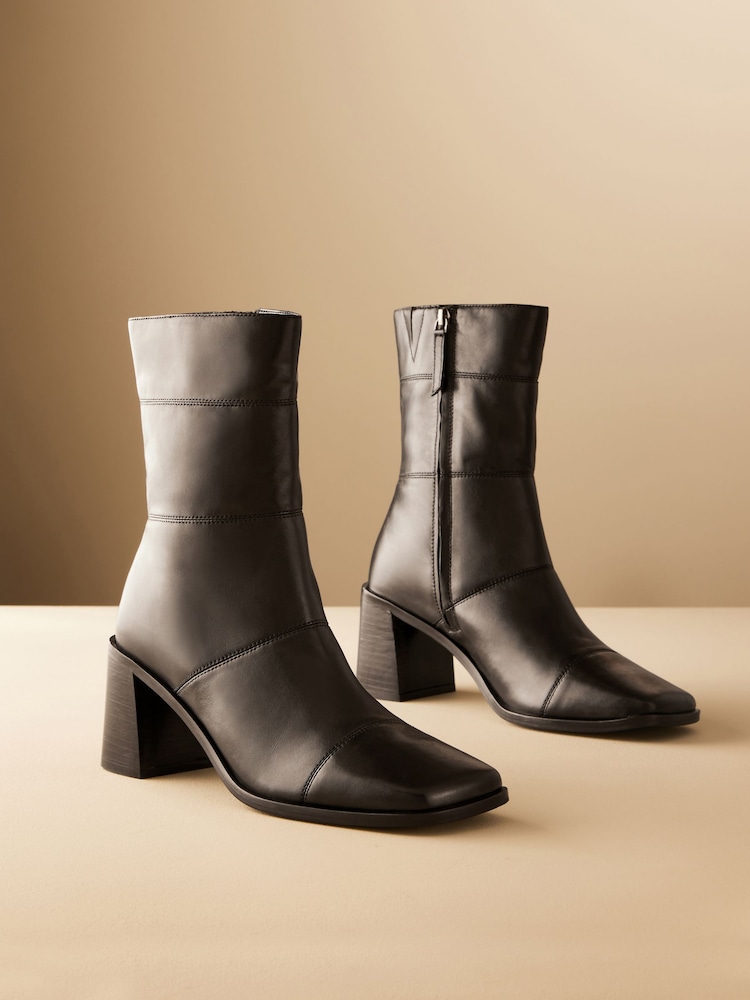 Black Leather Premium Square Toe Panel Heeled Boots - Image 1 of 6