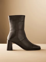 Black Leather Premium Square Toe Panel Heeled Boots - Image 2 of 6