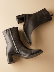 Black Leather Premium Square Toe Panel Heeled Boots - Image 3 of 6