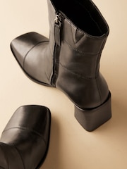 Black Leather Premium Square Toe Panel Heeled Boots - Image 4 of 6