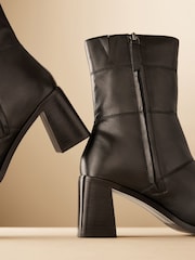 Black Leather Premium Square Toe Panel Heeled Boots - Image 5 of 6
