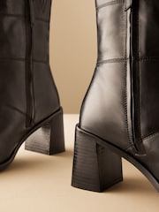 Black Leather Premium Square Toe Panel Heeled Boots - Image 6 of 6