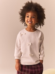 Ecru 100% Cotton Long Sleeve Appliqué Bow Top (3mths-7yrs) - Image 1 of 6