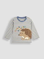JoJo Maman Bébé Denim Stripe Hedgehog Long Sleeve Button Shoulder Striped Appliqué Top - Image 1 of 3