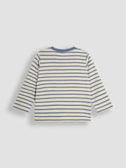 JoJo Maman Bébé Denim Stripe Hedgehog Long Sleeve Button Shoulder Striped Appliqué Top - Image 2 of 3