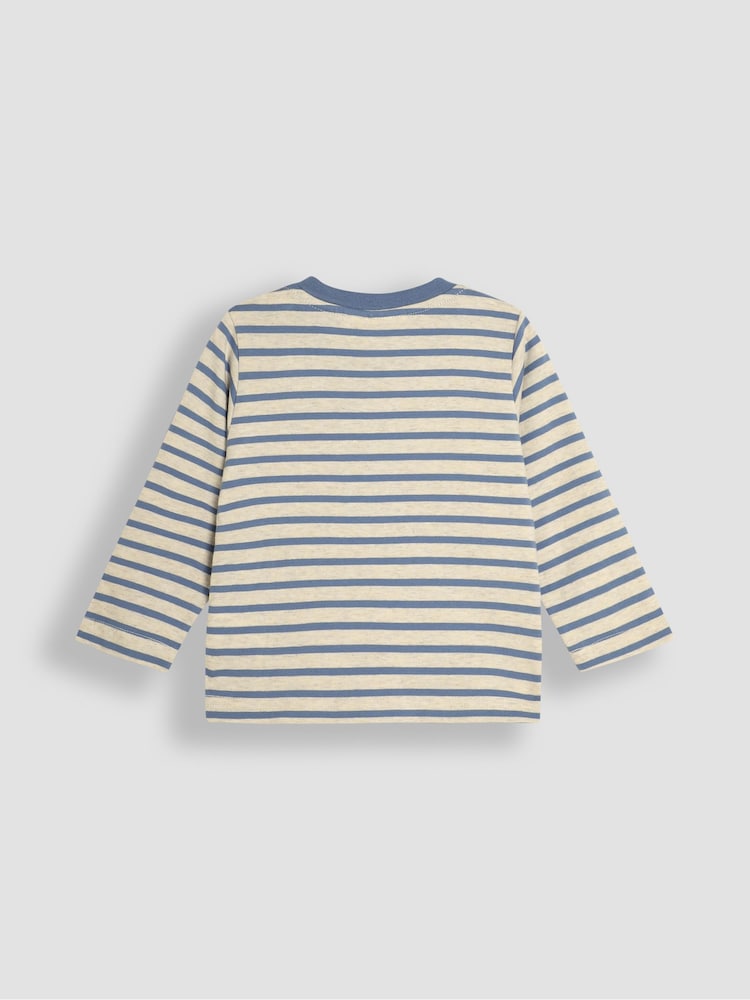 JoJo Maman Bébé Denim Stripe Hedgehog Long Sleeve Button Shoulder Striped Appliqué Top - Image 2 of 3 JoJo Maman Bébé Denim Stripe Hedgehog Long Sleeve Button Shoulder Striped Appliqué Top - Image 2 of 3