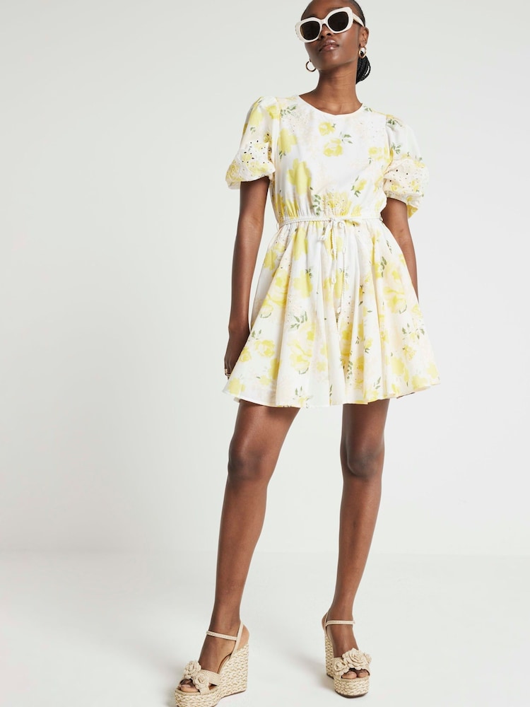 River Island Yellow Broderie Mini Dress - Image 1 of 4 River Island Yellow Broderie Mini Dress - Image 1 of 4