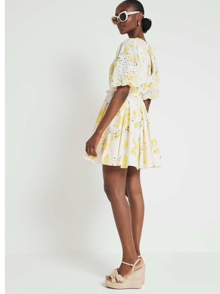 River Island Yellow Broderie Mini Dress - Image 2 of 4 River Island Yellow Broderie Mini Dress - Image 2 of 4