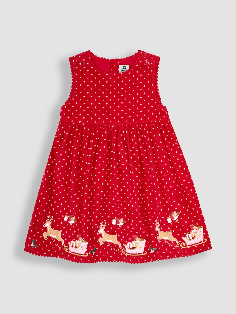 JoJo Maman Bébé Red Reindeer & Robin Christmas Appliqué Cord Dress - Image 1 of 3