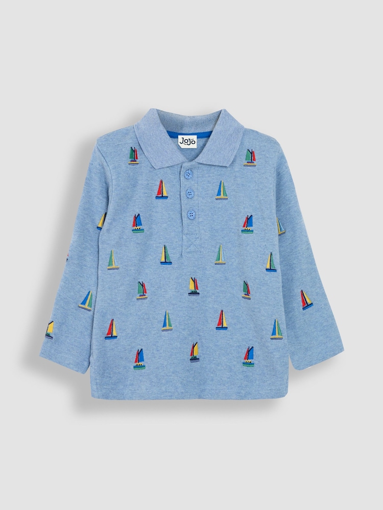 JoJo Maman Bébé Blue Sailboat Long Sleeve Embroidered Polo Shirt - Image 1 of 3