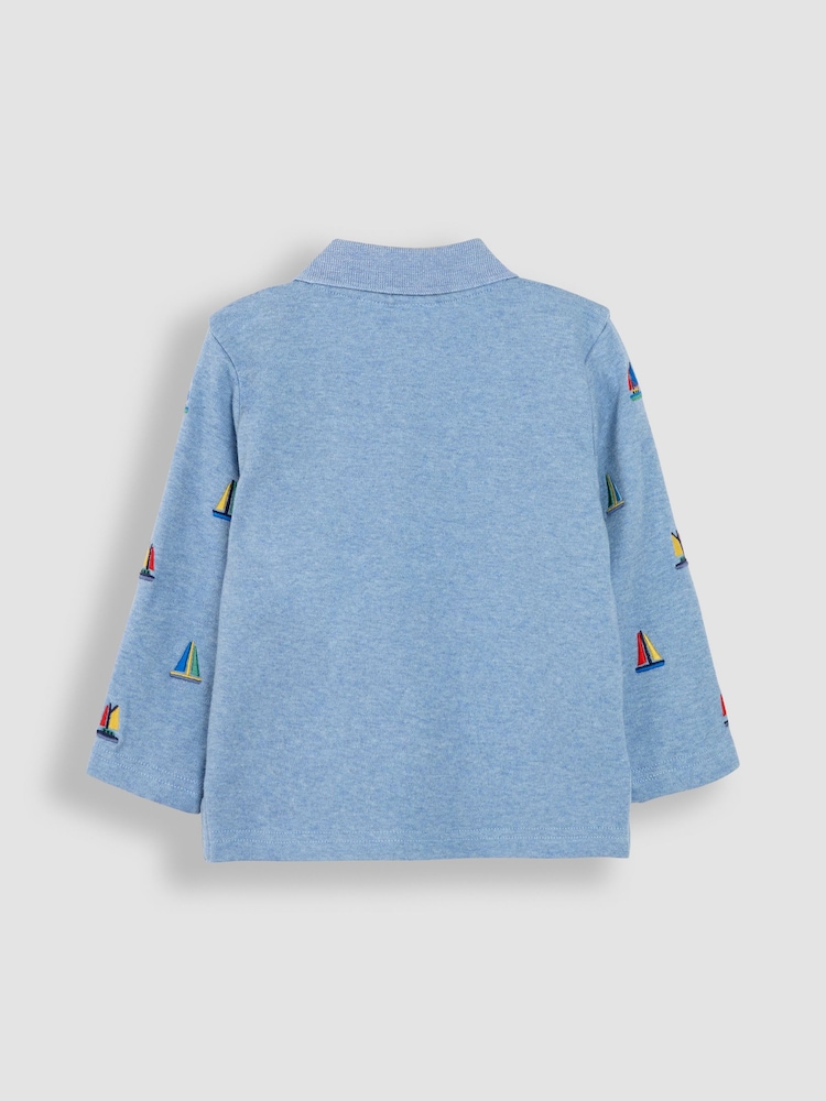 JoJo Maman Bébé Blue Sailboat Long Sleeve Embroidered Polo Shirt - Image 2 of 3
