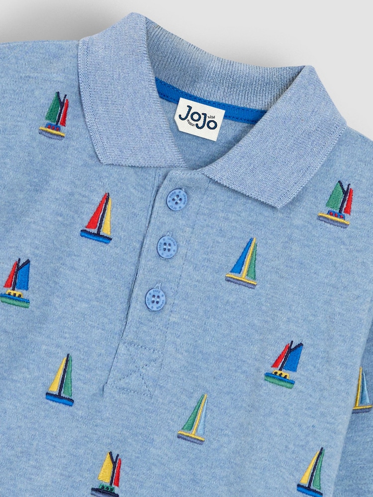 JoJo Maman Bébé Blue Sailboat Long Sleeve Embroidered Polo Shirt - Image 3 of 3