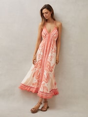 Reiss Coral Delilah Petite Printed Ruched Waist Midi Dress - Image 1 of 6