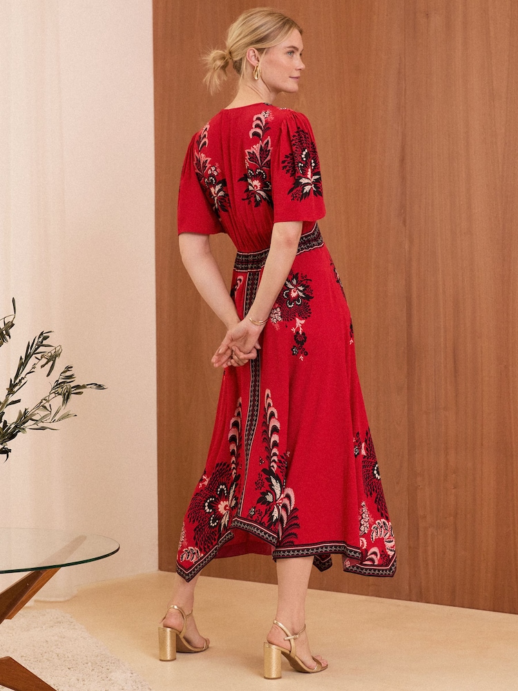V&A | Love & Roses Red Printed V Neck Hanky Hem Midi Dress - Image 2 of 4 V&A | Love & Roses Red Printed V Neck Hanky Hem Midi Dress - Image 2 of 4