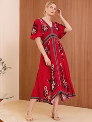 V&A | Love & Roses Red Printed V Neck Hanky Hem Midi Dress - Image 3 of 4