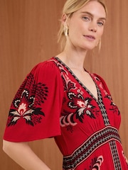 V&A | Love & Roses Red Printed V Neck Hanky Hem Midi Dress - Image 4 of 4