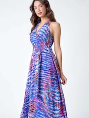Roman Blue Abstract Print Halterneck Maxi Dress - Image 1 of 5