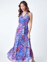 Roman Blue Abstract Print Halterneck Maxi Dress - Image 2 of 5