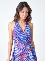 Roman Blue Abstract Print Halterneck Maxi Dress - Image 4 of 5