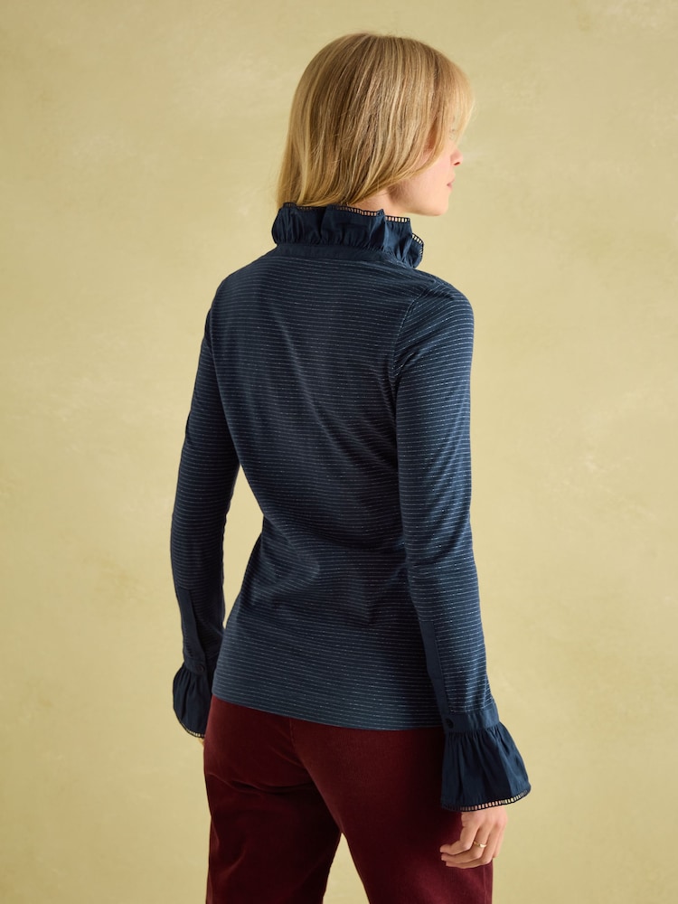 Joules Kate Navy Sparkle Long Sleeve Frilled Neck Top - Image 1 of 7 Joules Kate Navy Sparkle Long Sleeve Frilled Neck Top - Image 1 of 7
