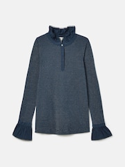 Joules Kate Navy Sparkle Long Sleeve Frilled Neck Top - Image 6 of 7