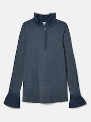 Joules Kate Navy Sparkle Long Sleeve Frilled Neck Top - Image 7 of 7