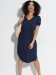 Pour Moi Blue Jenny Puff Sleeve Jersey Midi Dress with Viscose - Image 1 of 4