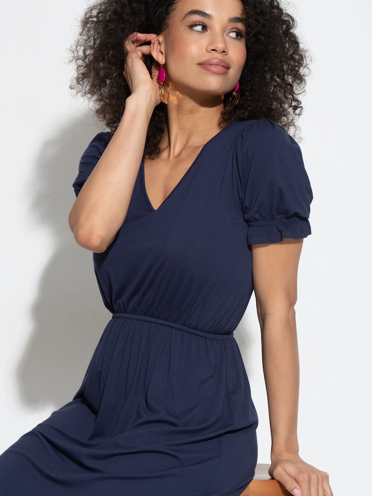 Pour Moi Blue Jenny Puff Sleeve Jersey Midi Dress with Viscose - Image 2 of 4