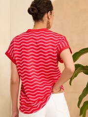Love & Roses Pink Wave Stripe Jersey V Neck Woven Trim Short Sleeve T-Shirt - Image 3 of 4