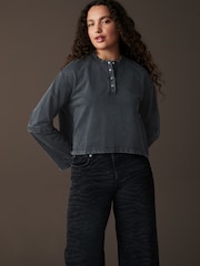 Indigo Blue Relaxed Fit Washed Popper Front Henley Wide Sleeve 100% Cotton Sweatshirt - Image 1 of 9