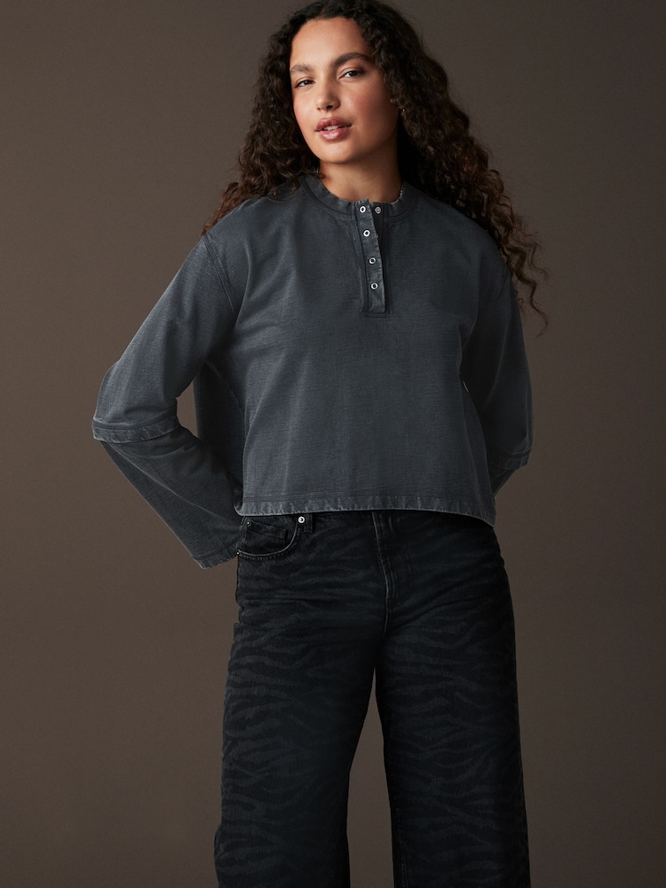 Indigo Blue Relaxed Fit Washed Popper Front Henley Wide Sleeve 100% Cotton Sweatshirt - Image 1 of 9