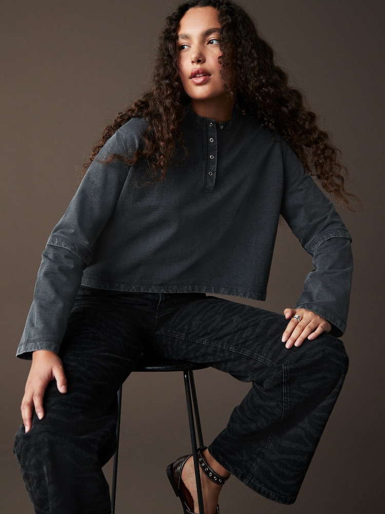 Indigo Blue Relaxed Fit Washed Popper Front Henley Wide Sleeve 100% Cotton Sweatshirt - Image 2 of 9