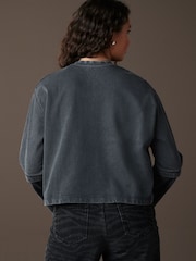 Indigo Blue Relaxed Fit Washed Popper Front Henley Wide Sleeve 100% Cotton Sweatshirt - Image 3 of 9