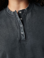 Indigo Blue Relaxed Fit Washed Popper Front Henley Wide Sleeve 100% Cotton Sweatshirt - Image 4 of 9