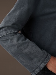 Indigo Blue Relaxed Fit Washed Popper Front Henley Wide Sleeve 100% Cotton Sweatshirt - Image 5 of 9