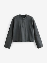 Indigo Blue Relaxed Fit Washed Popper Front Henley Wide Sleeve 100% Cotton Sweatshirt - Image 6 of 9