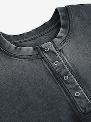 Indigo Blue Relaxed Fit Washed Popper Front Henley Wide Sleeve 100% Cotton Sweatshirt - Image 7 of 9