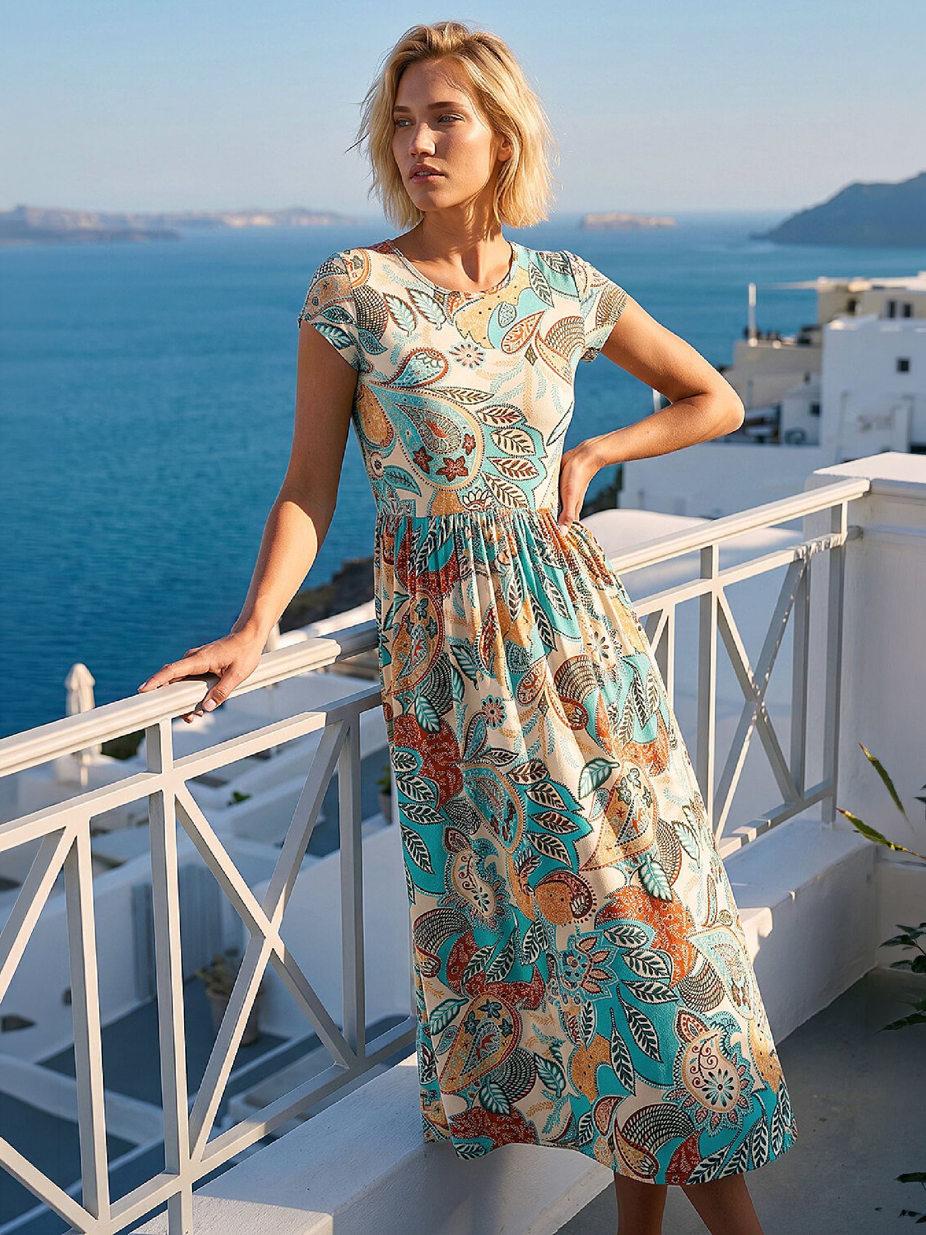 Roman Originals Women's Paisley Light Blue Roman Midi Dress With Pockets For Uk Stretchy Jersey Maxi Long Short Sleeve Elasticated Gathered High Waist Boho Flattering Skater Swing Fit Flare - Image 6