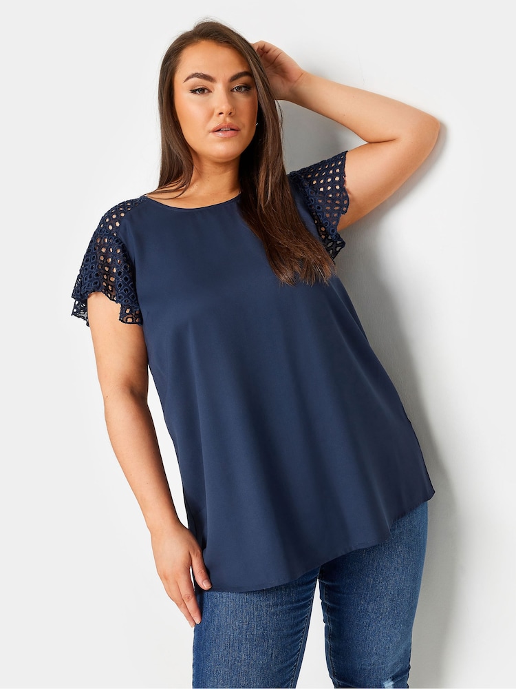 Yours Curve Blue Flutter Sleeve Detail Top - Image 1 of 5