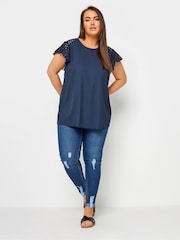 Yours Curve Blue Flutter Sleeve Detail Top - Image 2 of 5
