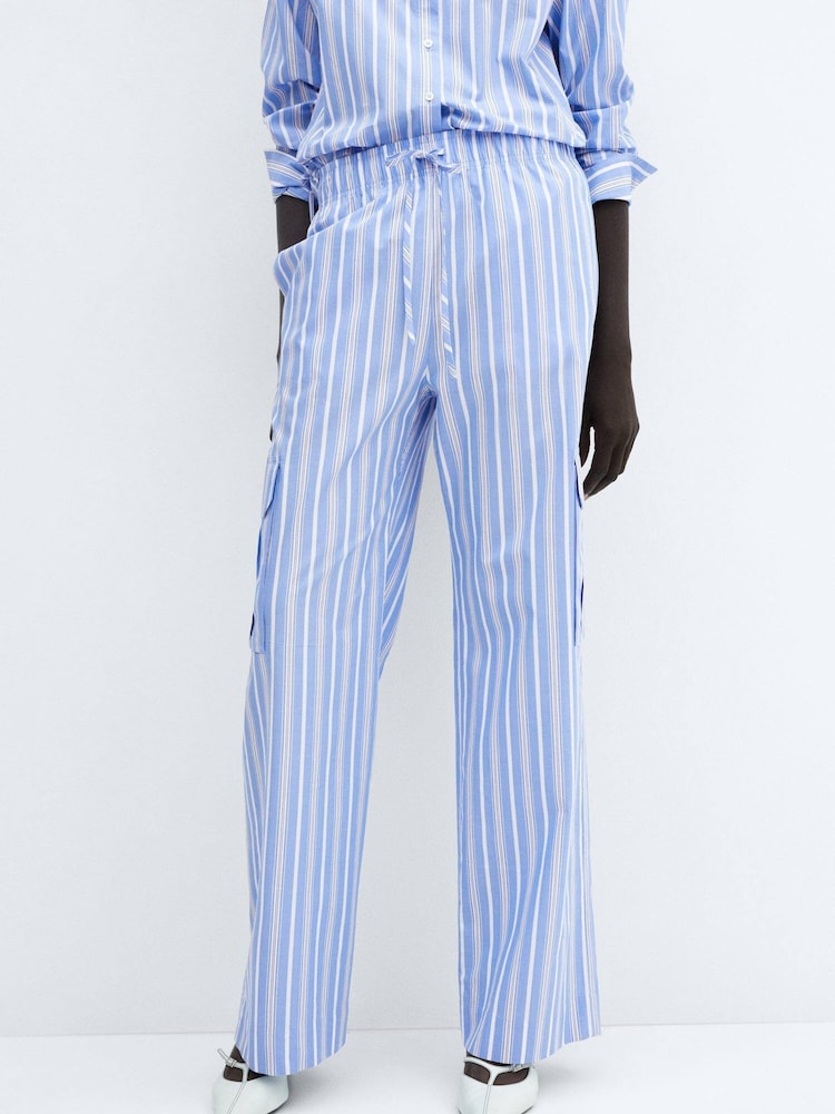 Mango Blue Striped Cotton Cargo Trousers - Image 1 of 7