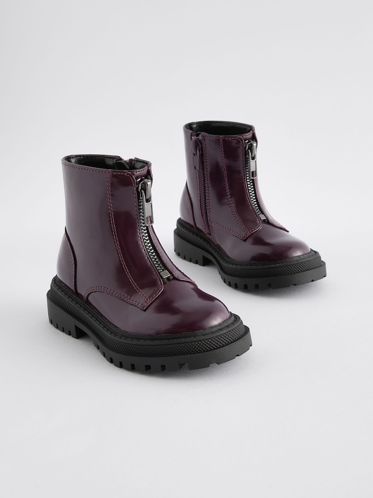 Burgundy Standard Fit (F) Zip Front Chunky Boots - Image 1 of 5